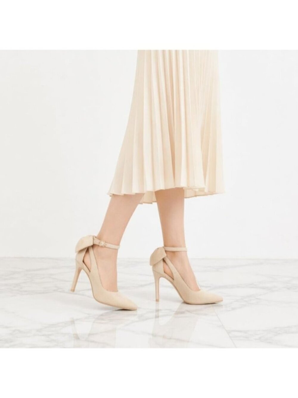 Women's Beige Faux Leather Adjustable Pumps Pointed Toe Ankle Strap Wedding Heel - Picture 4 of 7